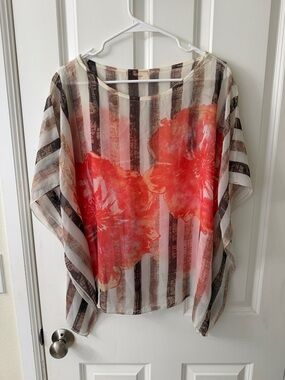Sheer Floral Stripe Tunic Top in Coral and Black